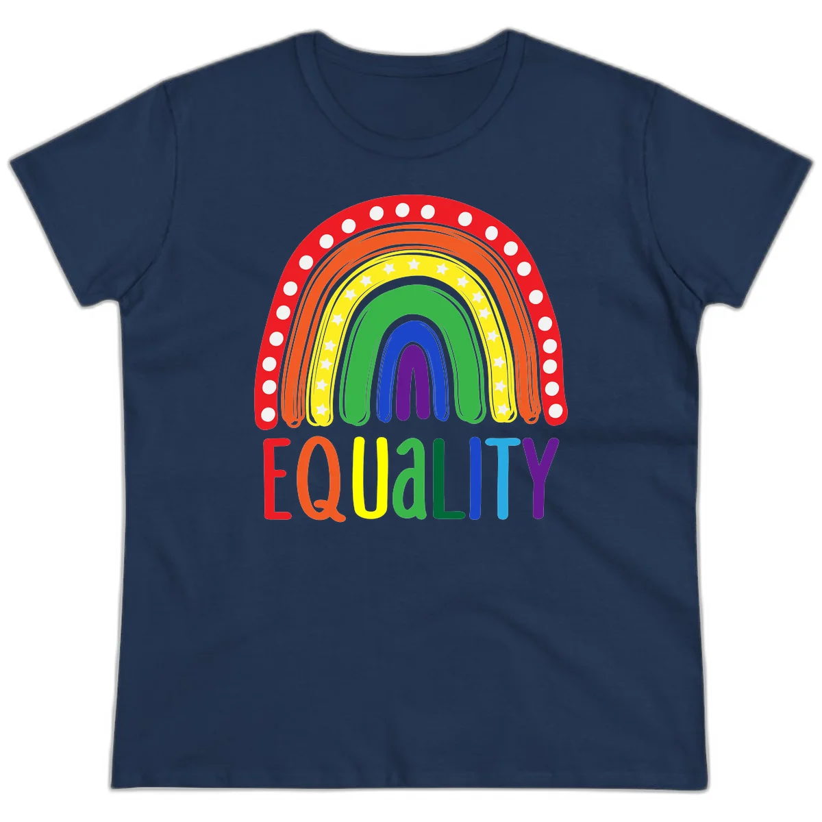 Concentric rainbow arcs in pride colors with white polka dots and stars, featuring 'EQUALITY' text in multicolored letters below in Navy