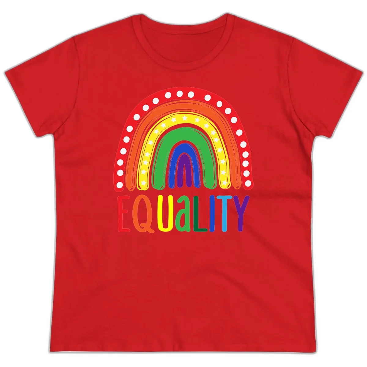 Concentric rainbow arcs in pride colors with white polka dots and stars, featuring 'EQUALITY' text in multicolored letters below in Red