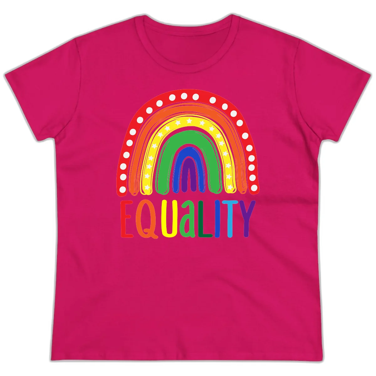 Concentric rainbow arcs in pride colors with white polka dots and stars, featuring 'EQUALITY' text in multicolored letters below in Heliconia