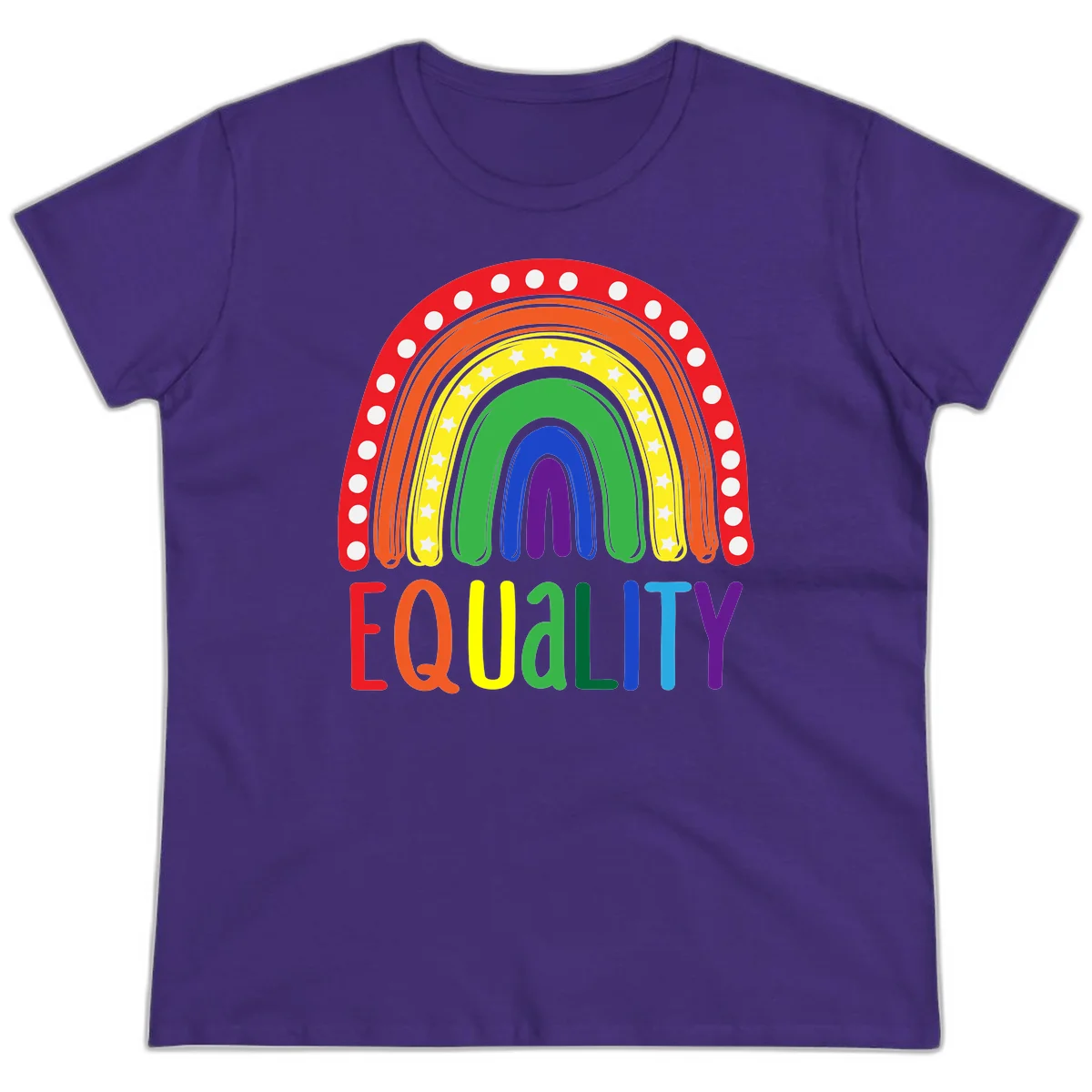 Concentric rainbow arcs in pride colors with white polka dots and stars, featuring 'EQUALITY' text in multicolored letters below in Purple