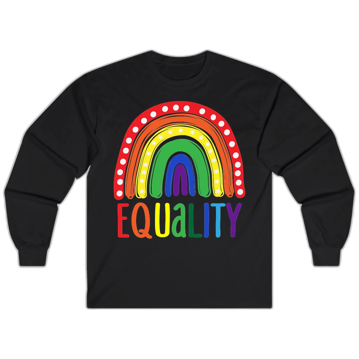 Concentric rainbow arcs in pride colors with white polka dots and stars, featuring 'EQUALITY' text in multicolored letters below in Black