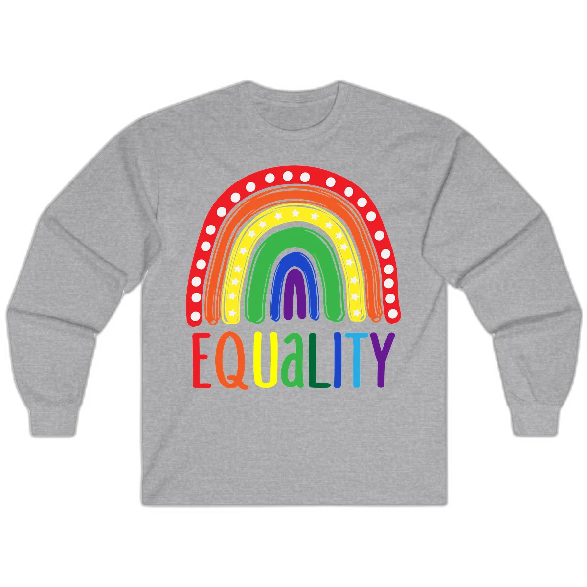 Concentric rainbow arcs in pride colors with white polka dots and stars, featuring 'EQUALITY' text in multicolored letters below in Sport Grey