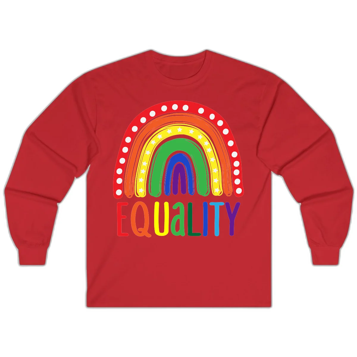 Concentric rainbow arcs in pride colors with white polka dots and stars, featuring 'EQUALITY' text in multicolored letters below in Red