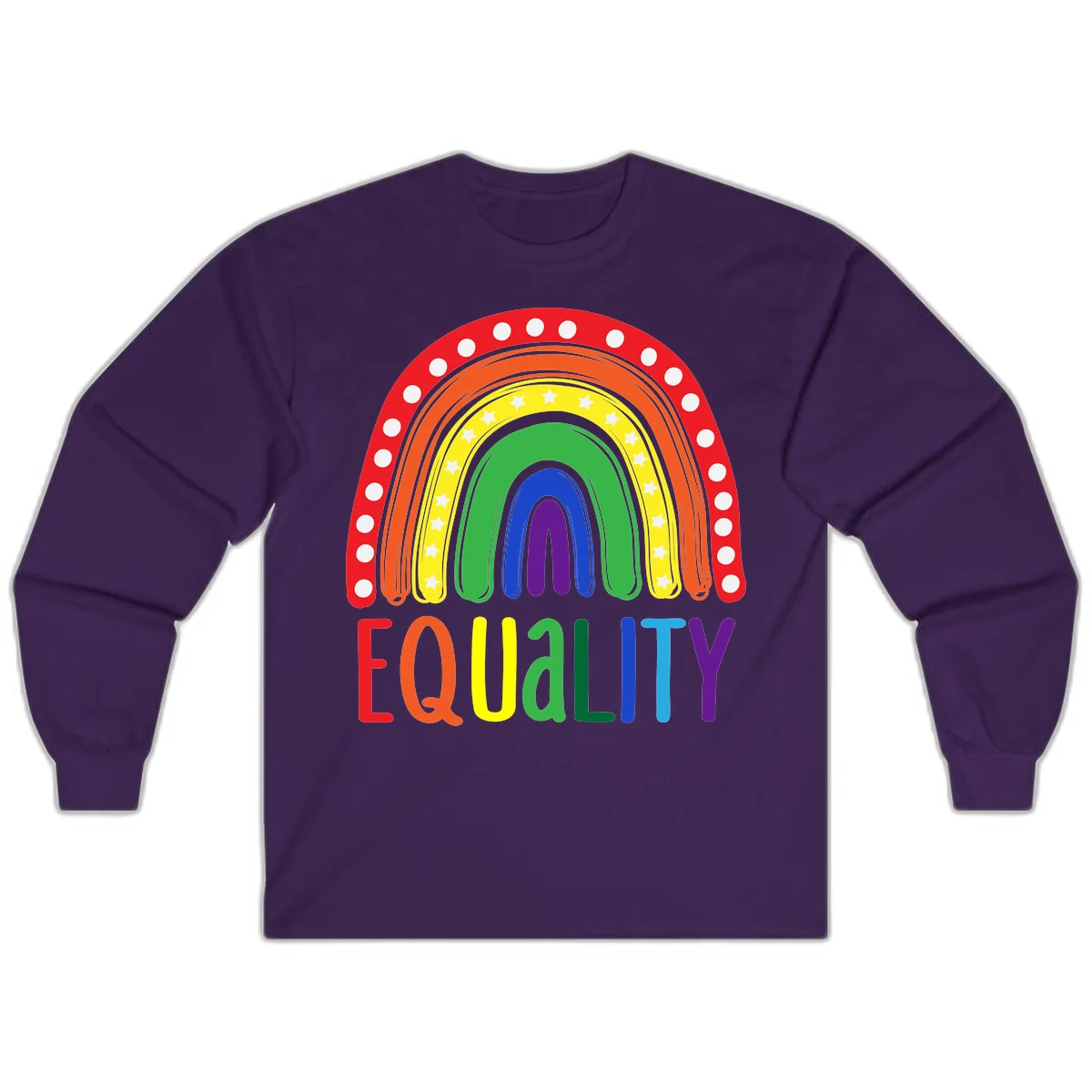 Concentric rainbow arcs in pride colors with white polka dots and stars, featuring 'EQUALITY' text in multicolored letters below in Purple