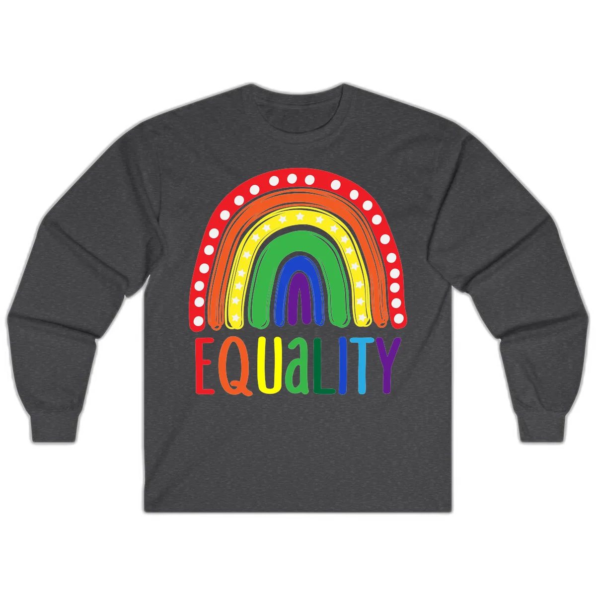 Concentric rainbow arcs in pride colors with white polka dots and stars, featuring 'EQUALITY' text in multicolored letters below in Dark Heather