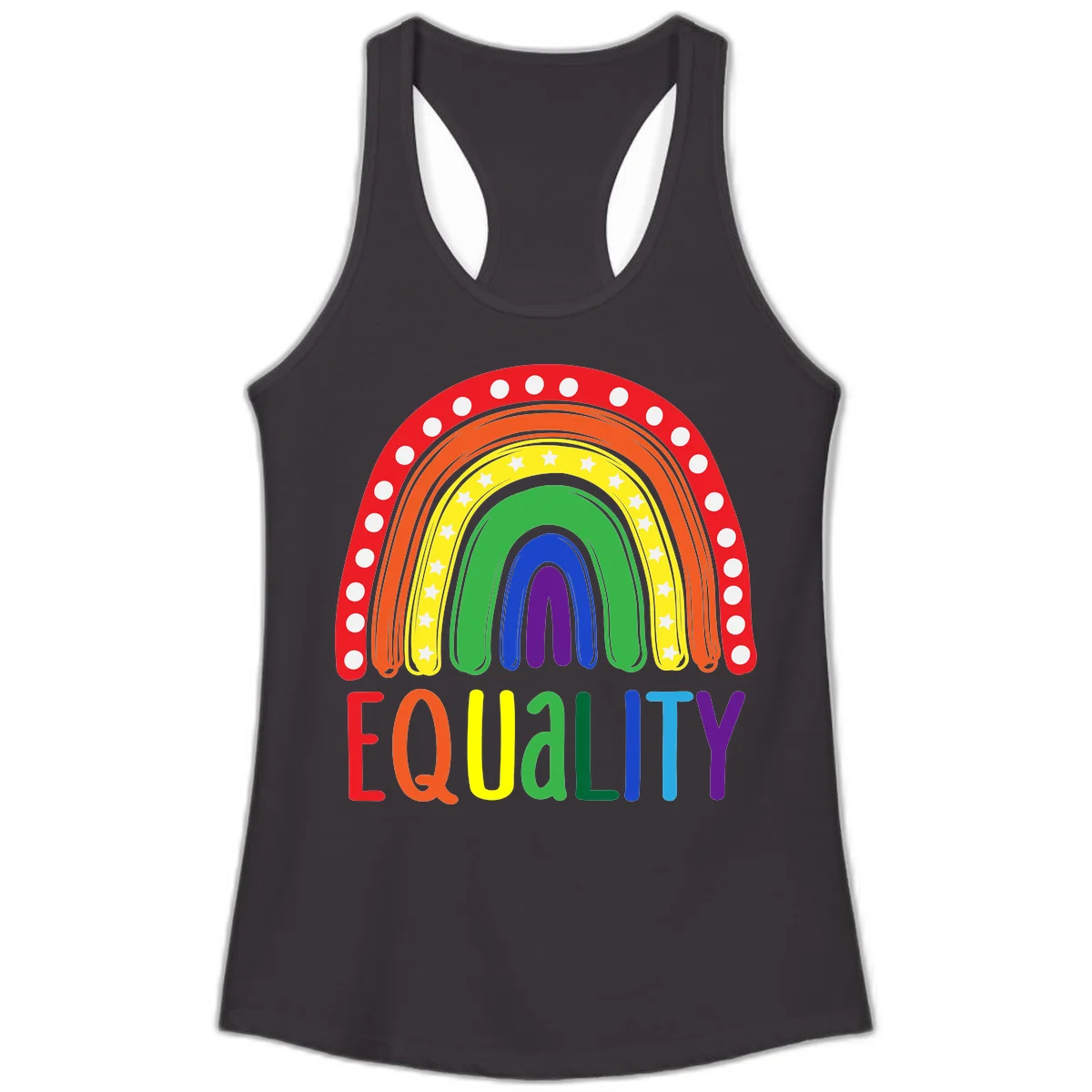 Concentric rainbow arcs in pride colors with white polka dots and stars, featuring 'EQUALITY' text in multicolored letters below in Black