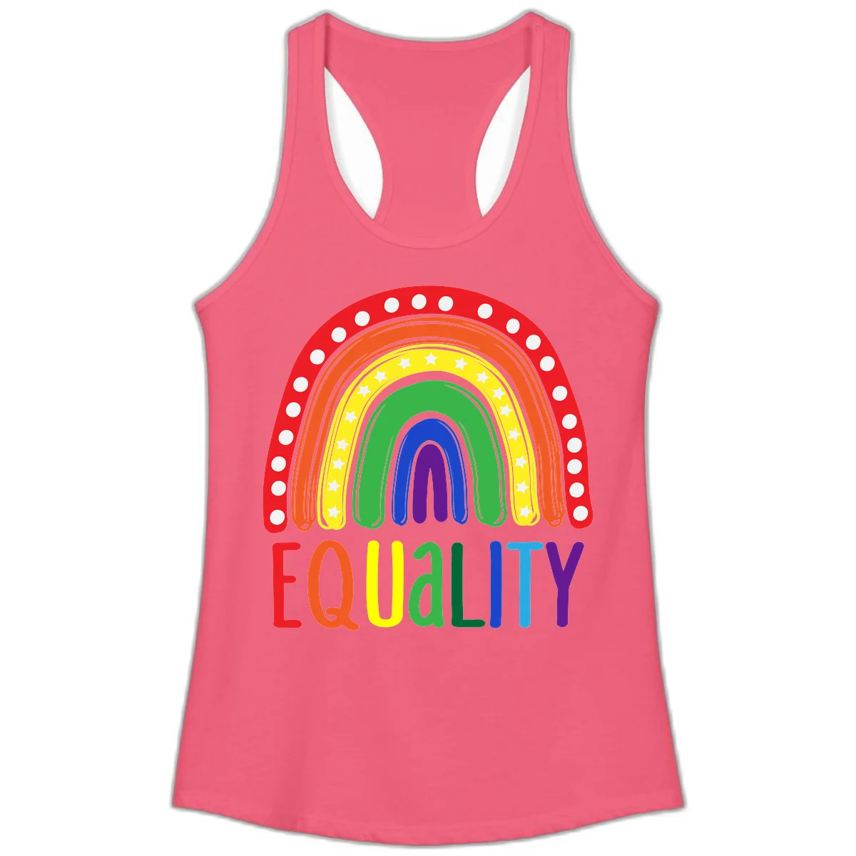 Concentric rainbow arcs in pride colors with white polka dots and stars, featuring 'EQUALITY' text in multicolored letters below in Hot Pink