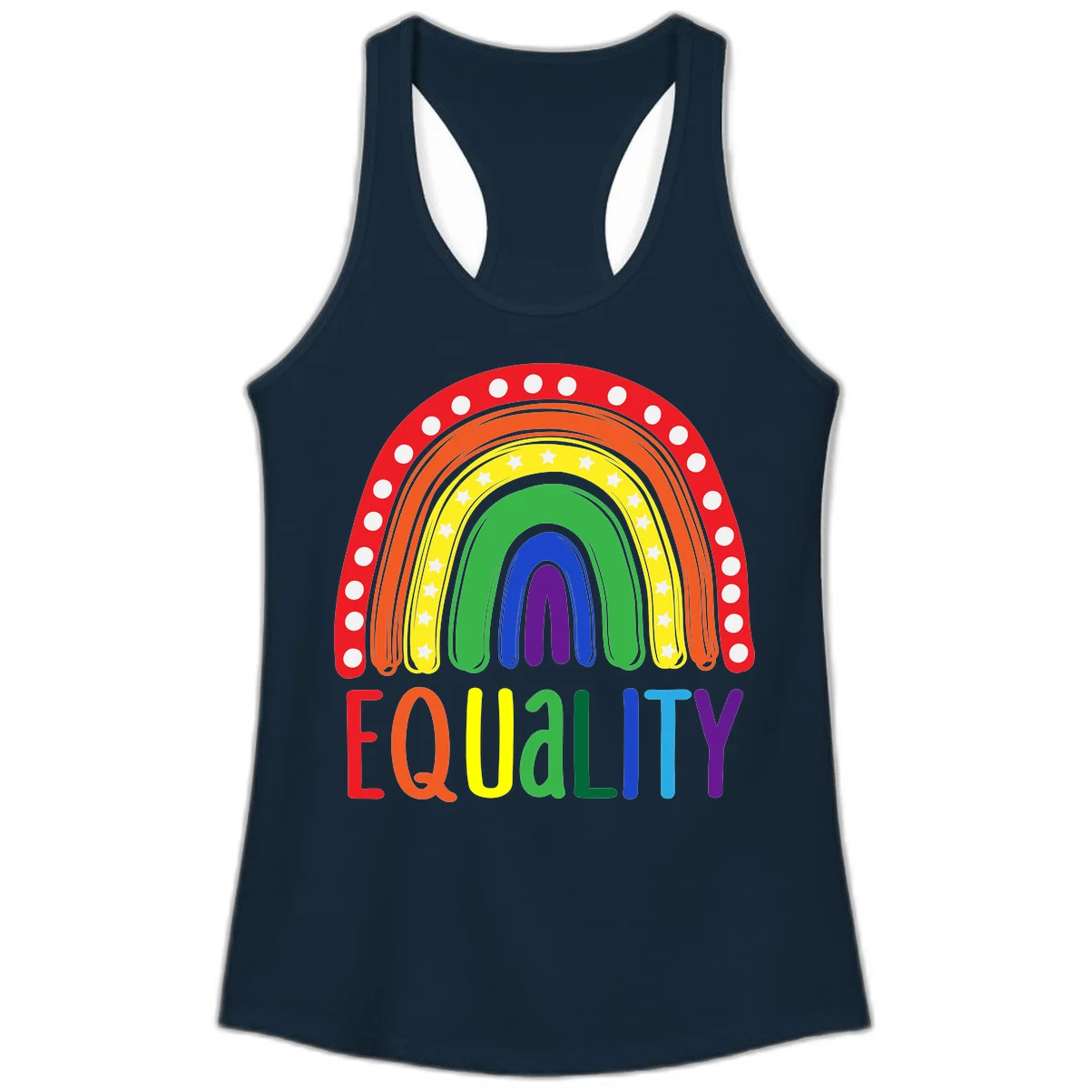 Concentric rainbow arcs in pride colors with white polka dots and stars, featuring 'EQUALITY' text in multicolored letters below in Solid Midnight Navy