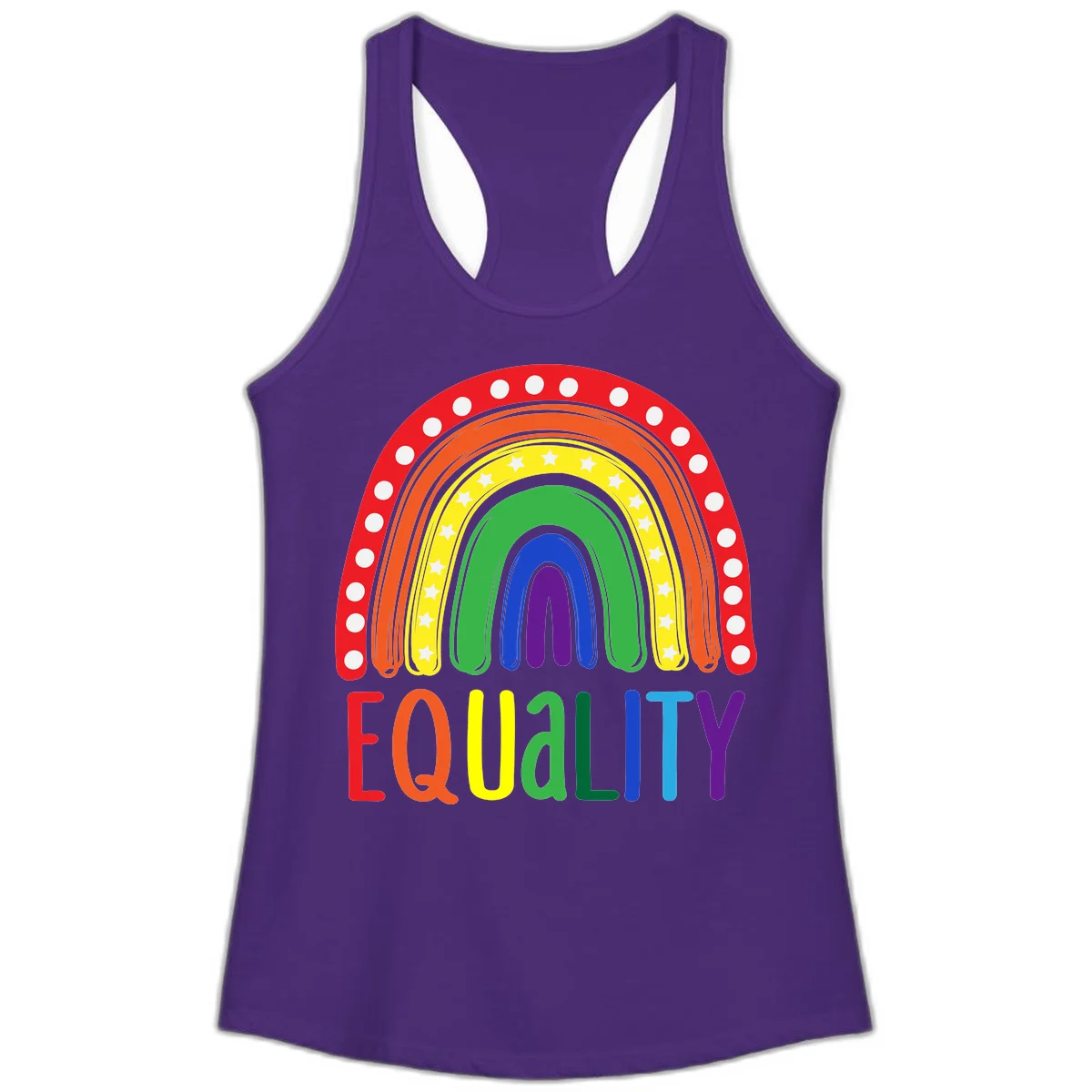 Concentric rainbow arcs in pride colors with white polka dots and stars, featuring 'EQUALITY' text in multicolored letters below in Solid Purple Rush