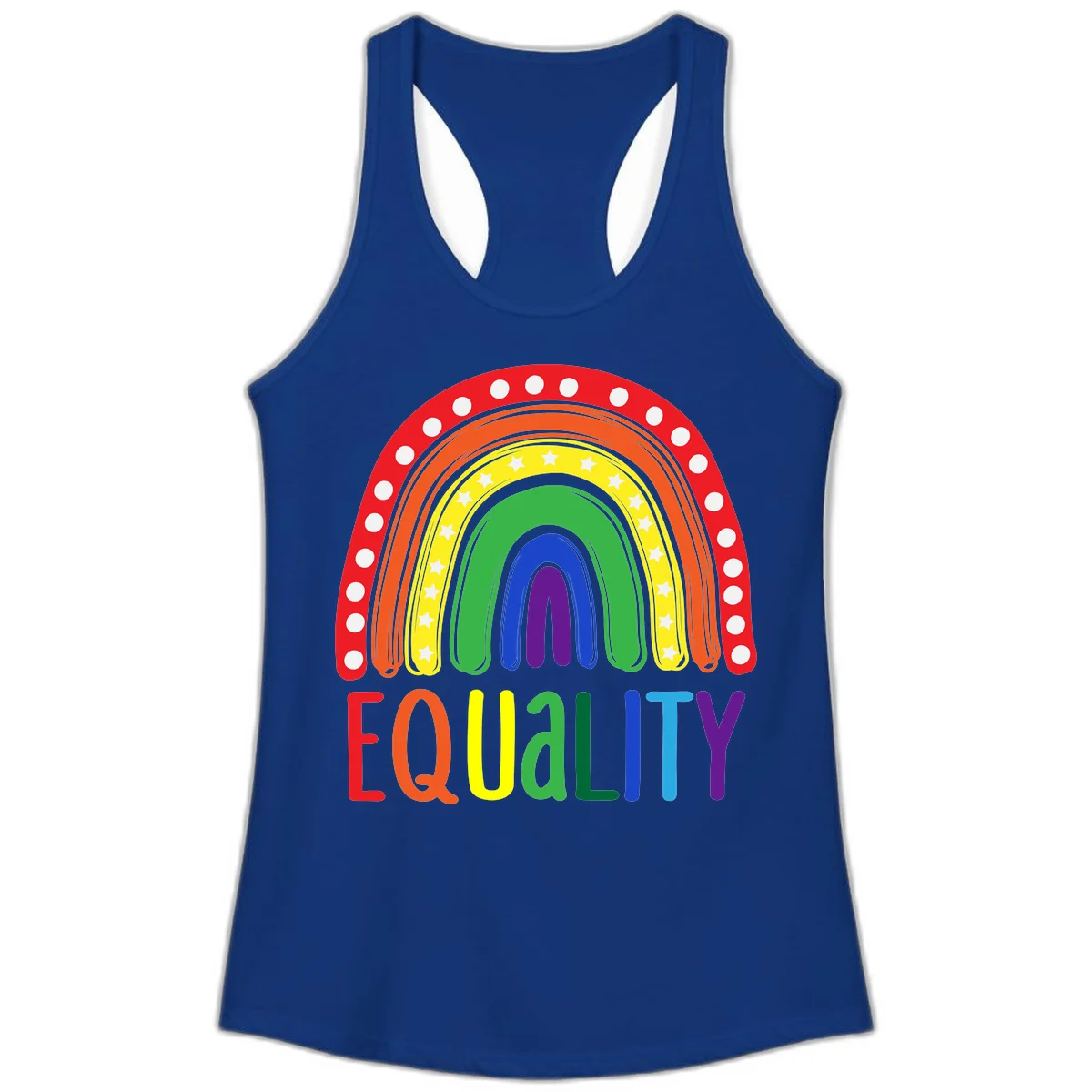 Concentric rainbow arcs in pride colors with white polka dots and stars, featuring 'EQUALITY' text in multicolored letters below in Solid Royal