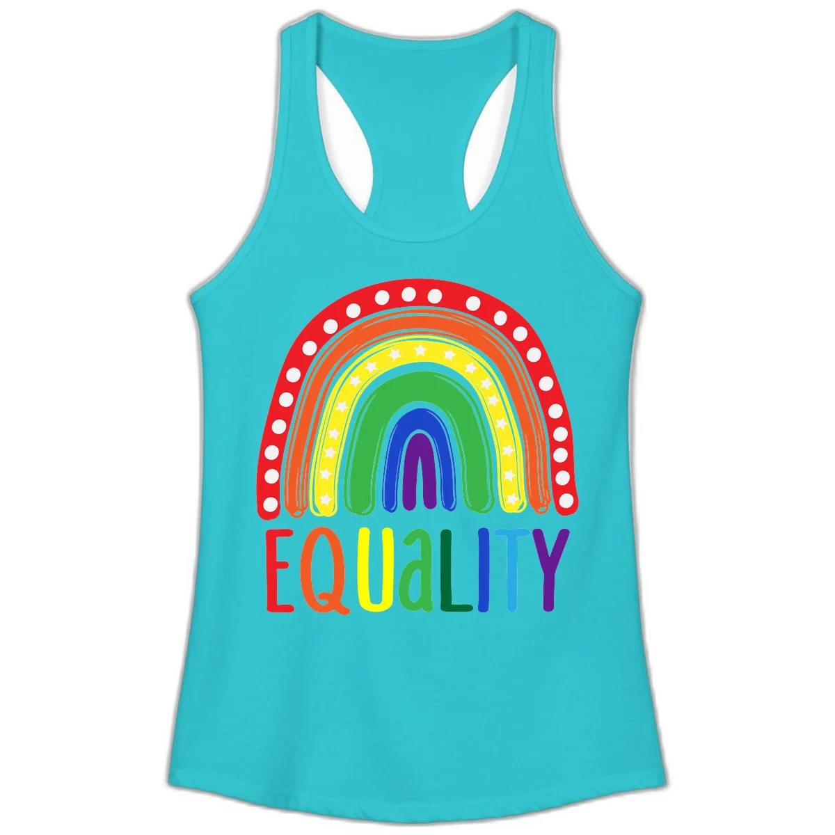 Concentric rainbow arcs in pride colors with white polka dots and stars, featuring 'EQUALITY' text in multicolored letters below in Solid Tahiti Blue