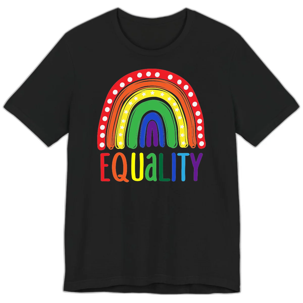 Concentric rainbow arcs in pride colors with white polka dots and stars, featuring 'EQUALITY' text in multicolored letters below in Black