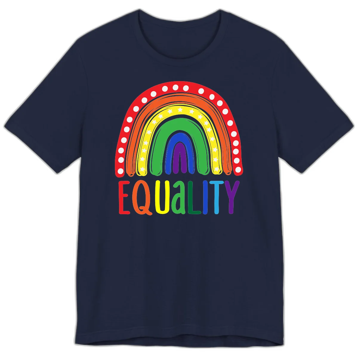 Concentric rainbow arcs in pride colors with white polka dots and stars, featuring 'EQUALITY' text in multicolored letters below in Navy