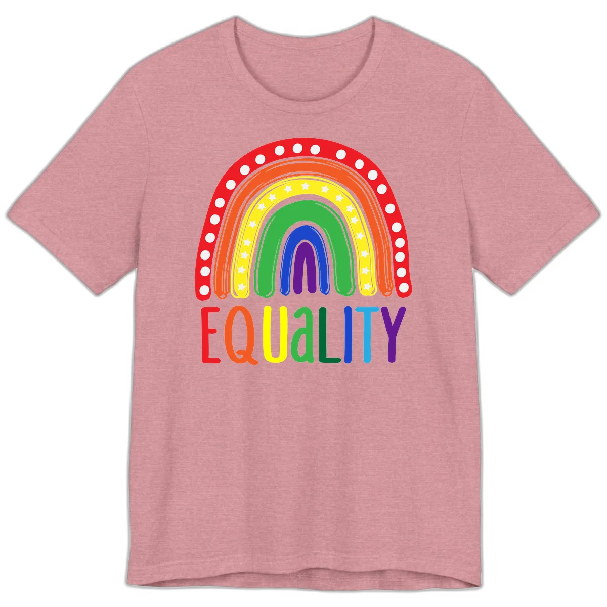 Concentric rainbow arcs in pride colors with white polka dots and stars, featuring 'EQUALITY' text in multicolored letters below in Heather Orchid