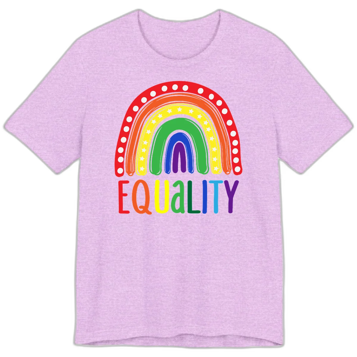 Concentric rainbow arcs in pride colors with white polka dots and stars, featuring 'EQUALITY' text in multicolored letters below in Heather Prism Lilac