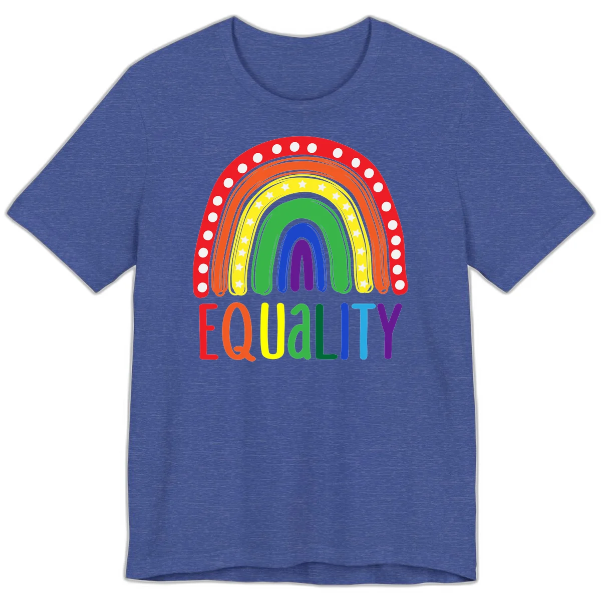 Concentric rainbow arcs in pride colors with white polka dots and stars, featuring 'EQUALITY' text in multicolored letters below in Heather True Royal