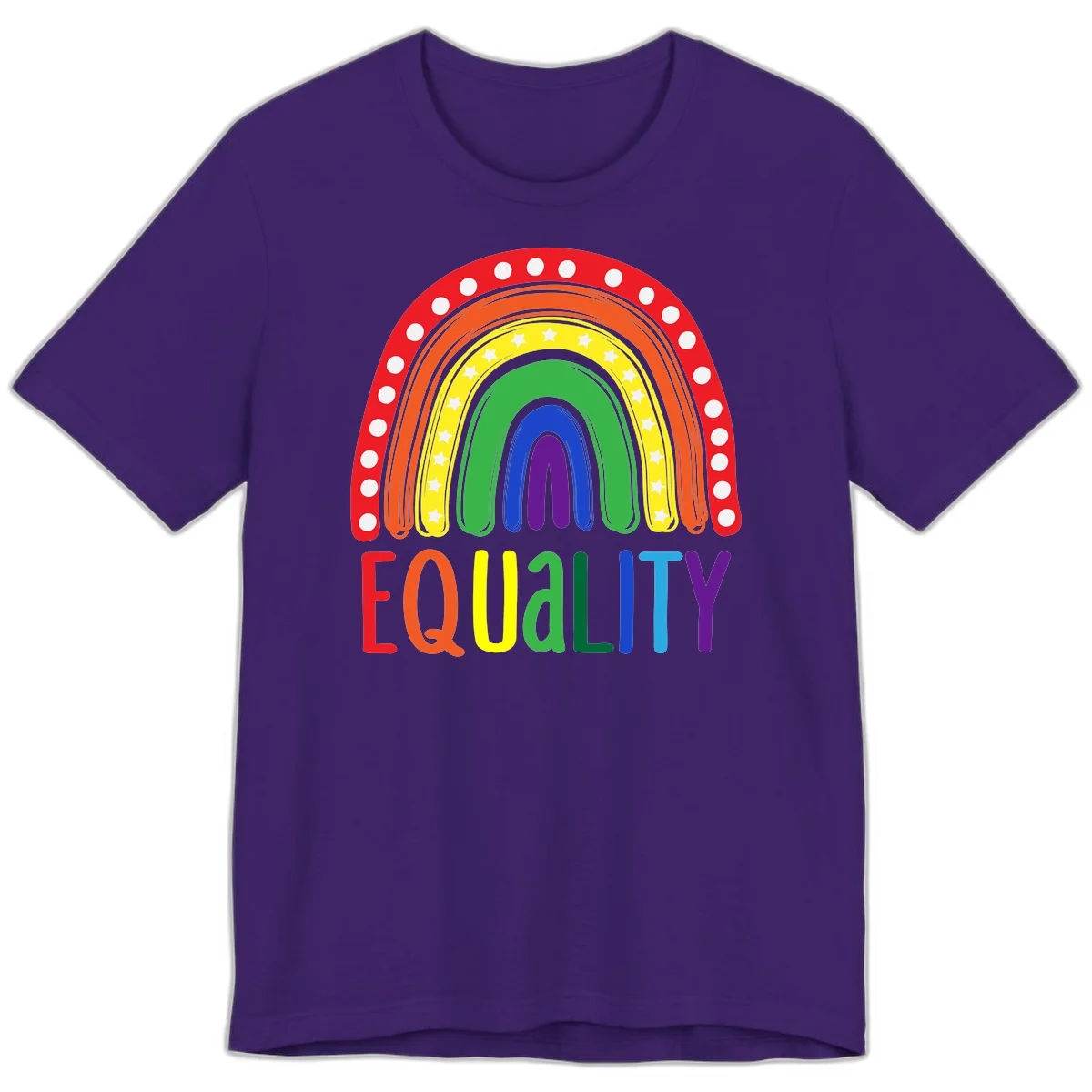 Concentric rainbow arcs in pride colors with white polka dots and stars, featuring 'EQUALITY' text in multicolored letters below in Team Purple