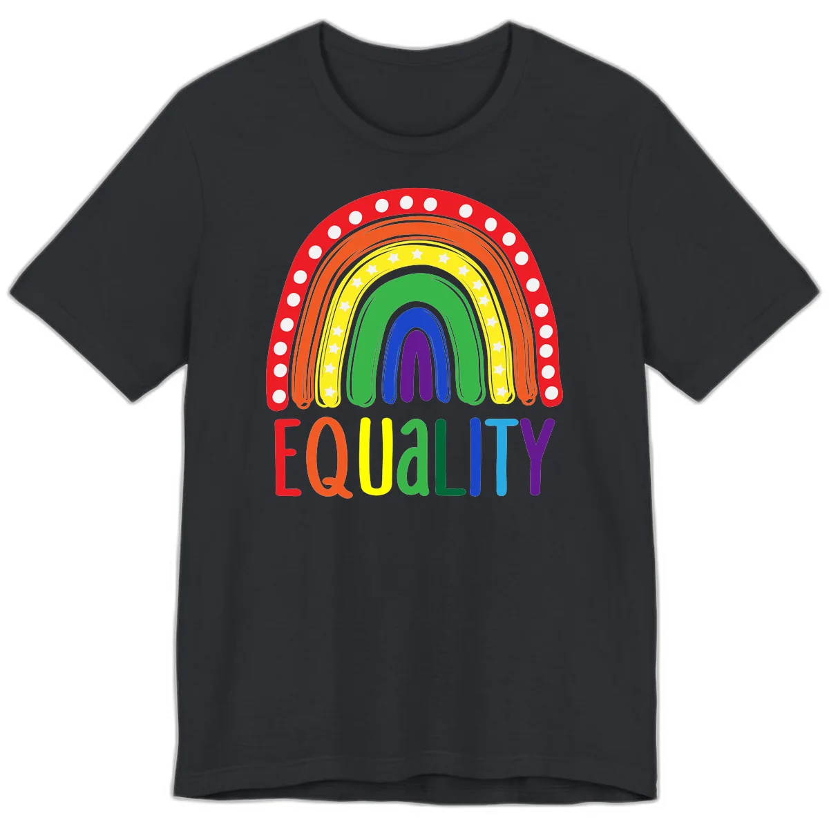 Concentric rainbow arcs in pride colors with white polka dots and stars, featuring 'EQUALITY' text in multicolored letters below in Vintage Black