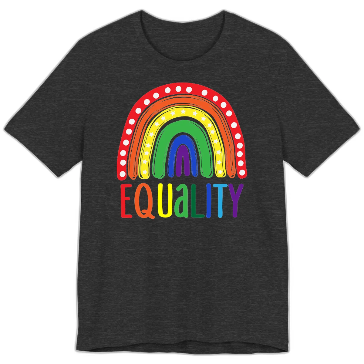 Concentric rainbow arcs in pride colors with white polka dots and stars, featuring 'EQUALITY' text in multicolored letters below in Dark Grey Heather