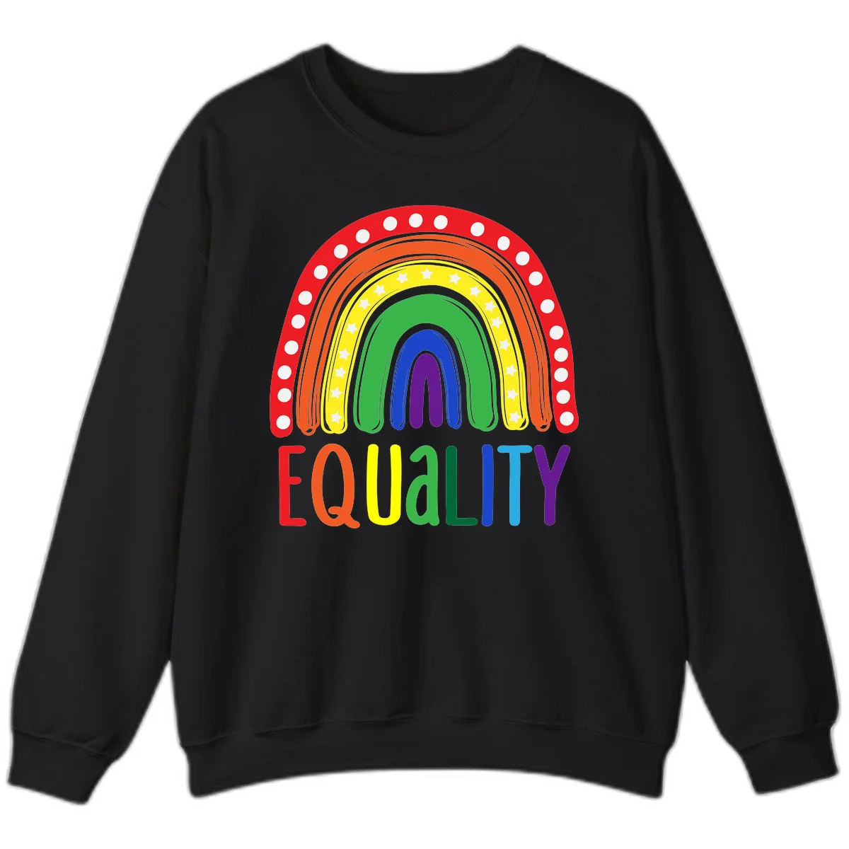 Concentric rainbow arcs in pride colors with white polka dots and stars, featuring 'EQUALITY' text in multicolored letters below in Black