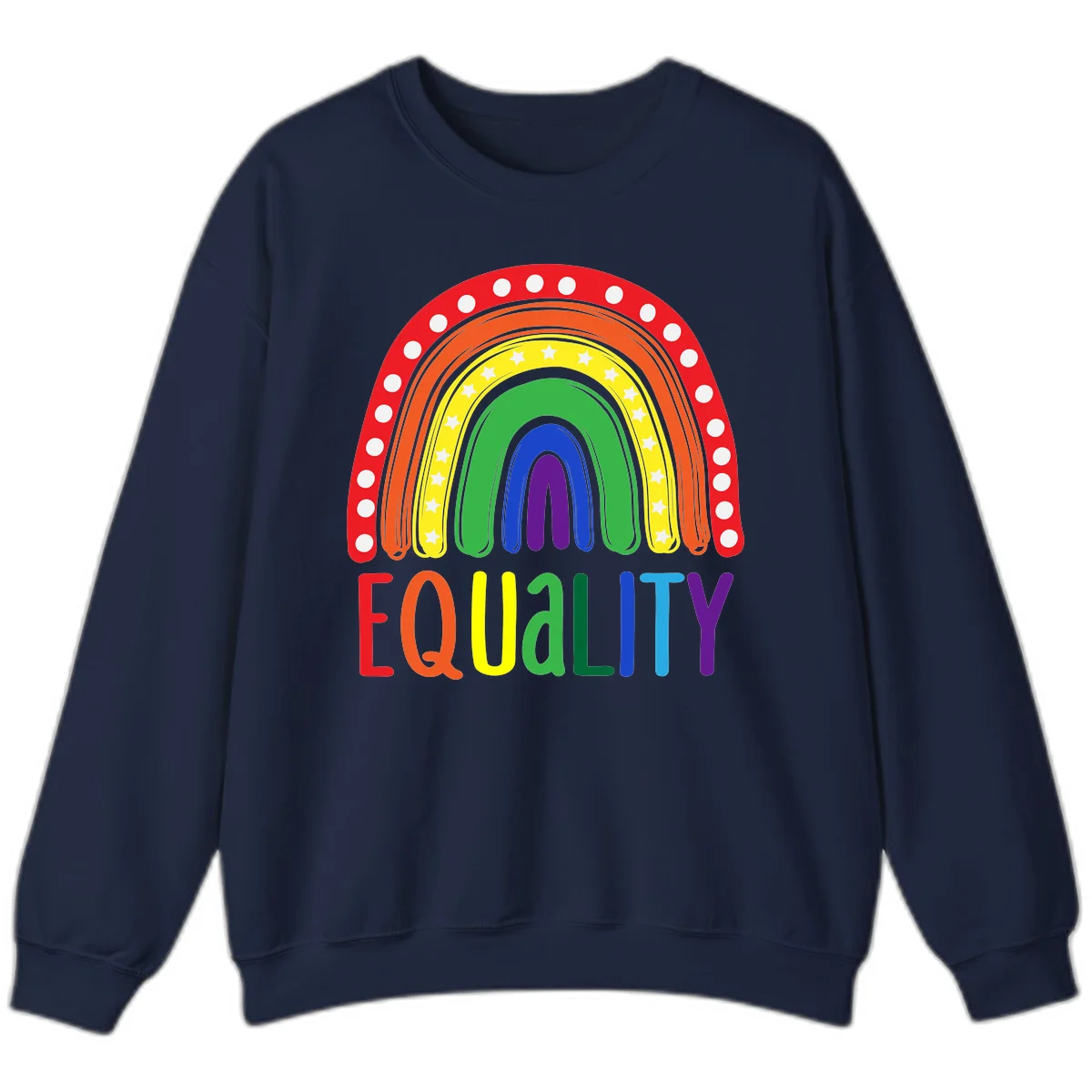 Concentric rainbow arcs in pride colors with white polka dots and stars, featuring 'EQUALITY' text in multicolored letters below in Navy
