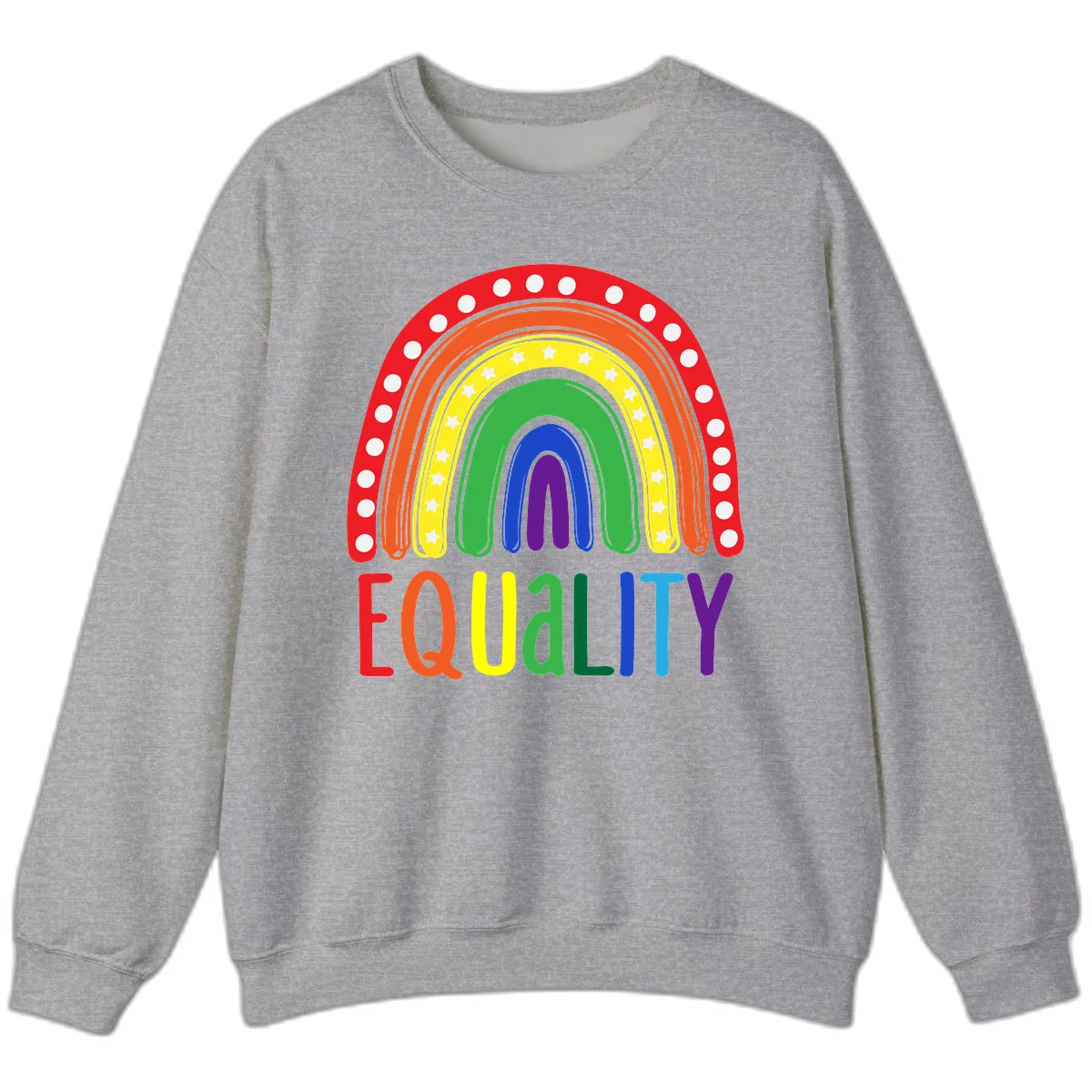 Concentric rainbow arcs in pride colors with white polka dots and stars, featuring 'EQUALITY' text in multicolored letters below in Sport Grey