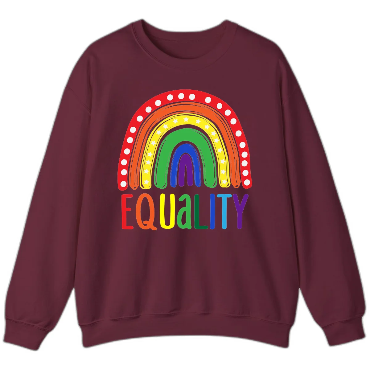Concentric rainbow arcs in pride colors with white polka dots and stars, featuring 'EQUALITY' text in multicolored letters below in Maroon