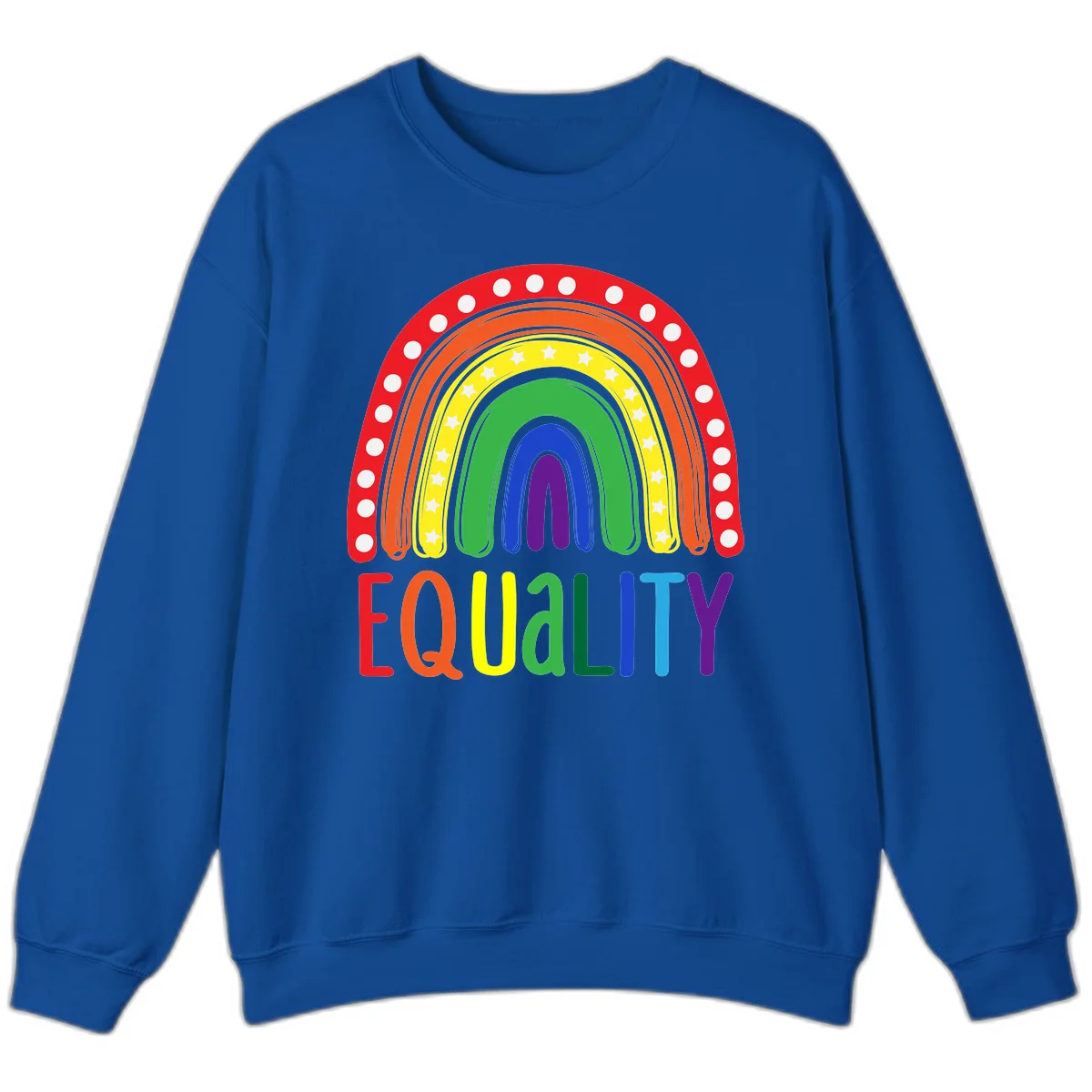 Concentric rainbow arcs in pride colors with white polka dots and stars, featuring 'EQUALITY' text in multicolored letters below in Royal