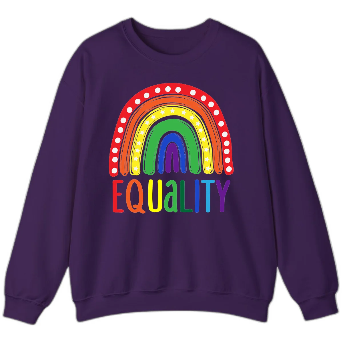 Concentric rainbow arcs in pride colors with white polka dots and stars, featuring 'EQUALITY' text in multicolored letters below in Purple