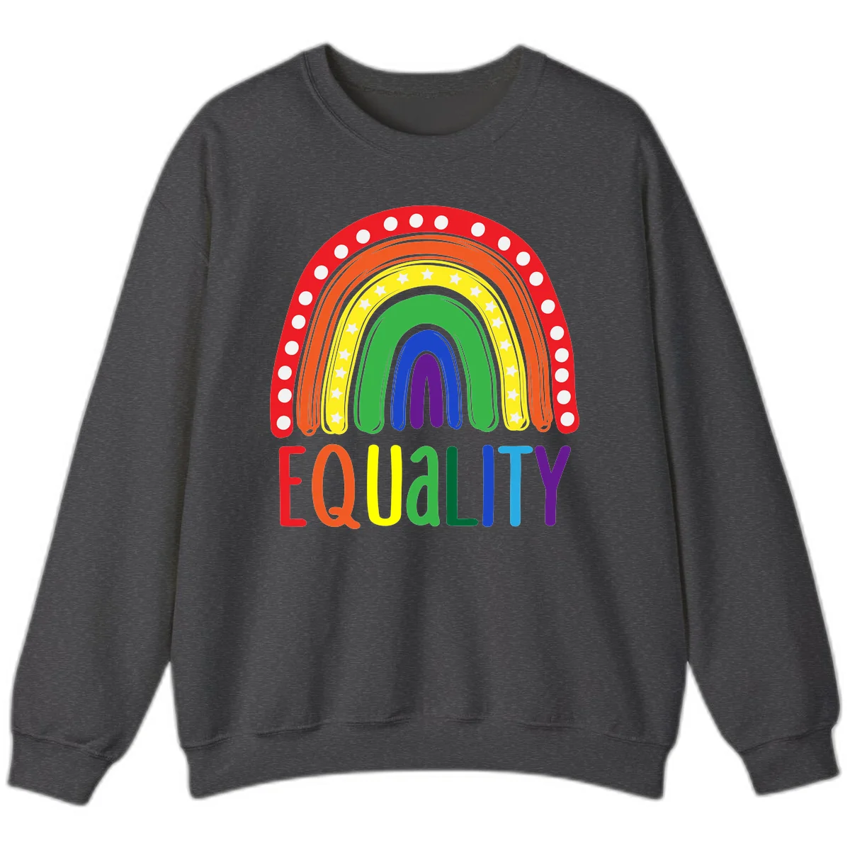 Concentric rainbow arcs in pride colors with white polka dots and stars, featuring 'EQUALITY' text in multicolored letters below in Dark Heather