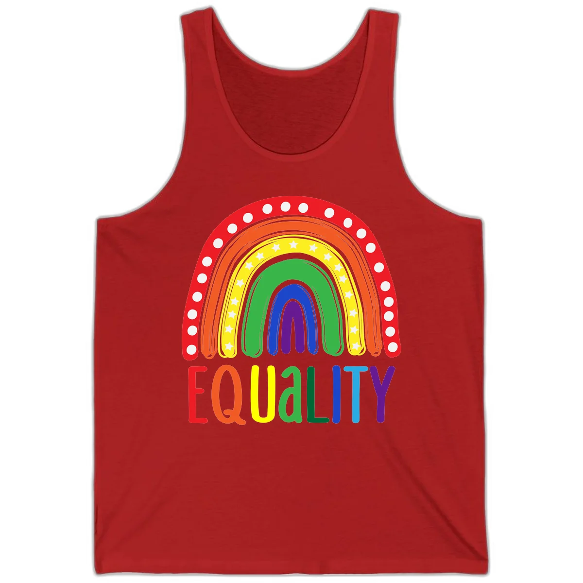 Concentric rainbow arcs in pride colors with white polka dots and stars, featuring 'EQUALITY' text in multicolored letters below in Red