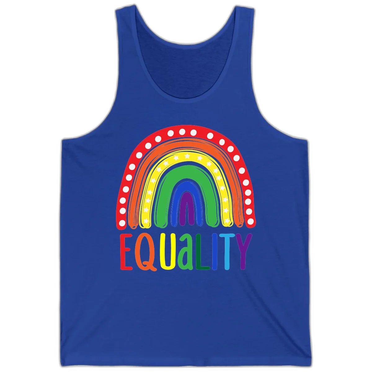 Concentric rainbow arcs in pride colors with white polka dots and stars, featuring 'EQUALITY' text in multicolored letters below in True Royal