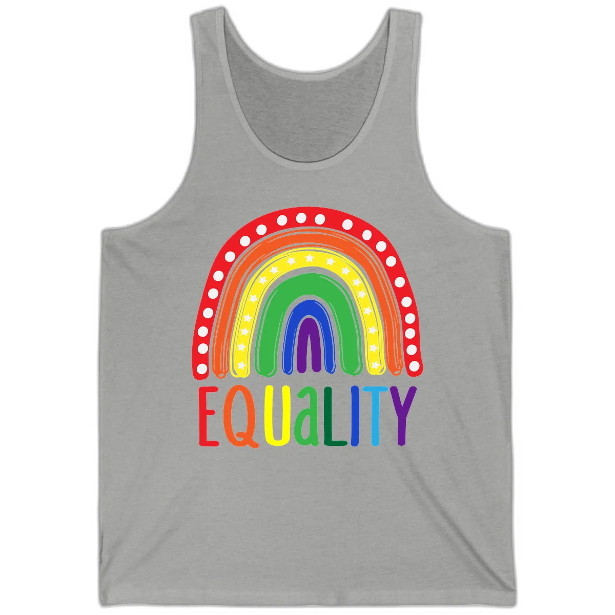 Concentric rainbow arcs in pride colors with white polka dots and stars, featuring 'EQUALITY' text in multicolored letters below in Athletic Heather