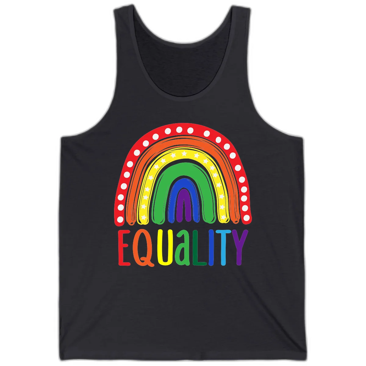 Concentric rainbow arcs in pride colors with white polka dots and stars, featuring 'EQUALITY' text in multicolored letters below in Dark Grey