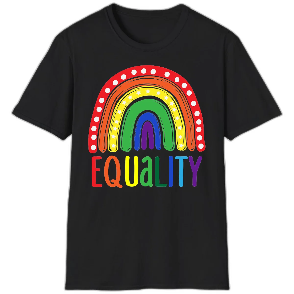 Concentric rainbow arcs in pride colors with white polka dots and stars, featuring 'EQUALITY' text in multicolored letters below in Black