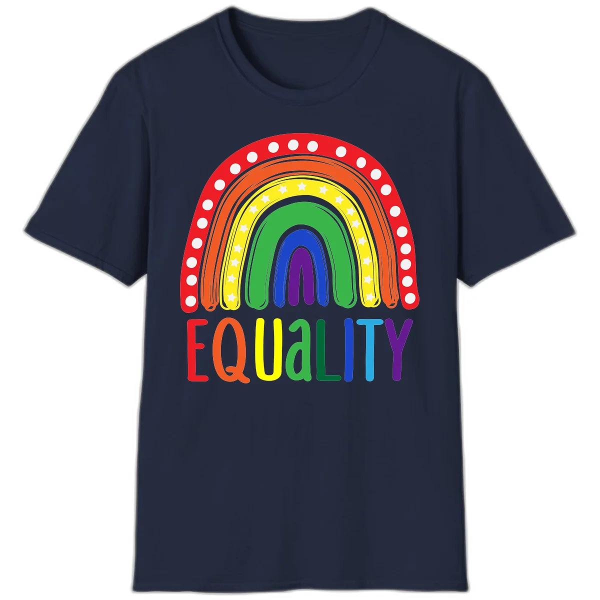 Concentric rainbow arcs in pride colors with white polka dots and stars, featuring 'EQUALITY' text in multicolored letters below in Navy