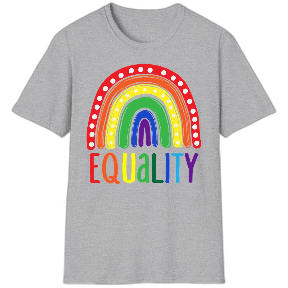 Concentric rainbow arcs in pride colors with white polka dots and stars, featuring 'EQUALITY' text in multicolored letters below in Sport Grey
