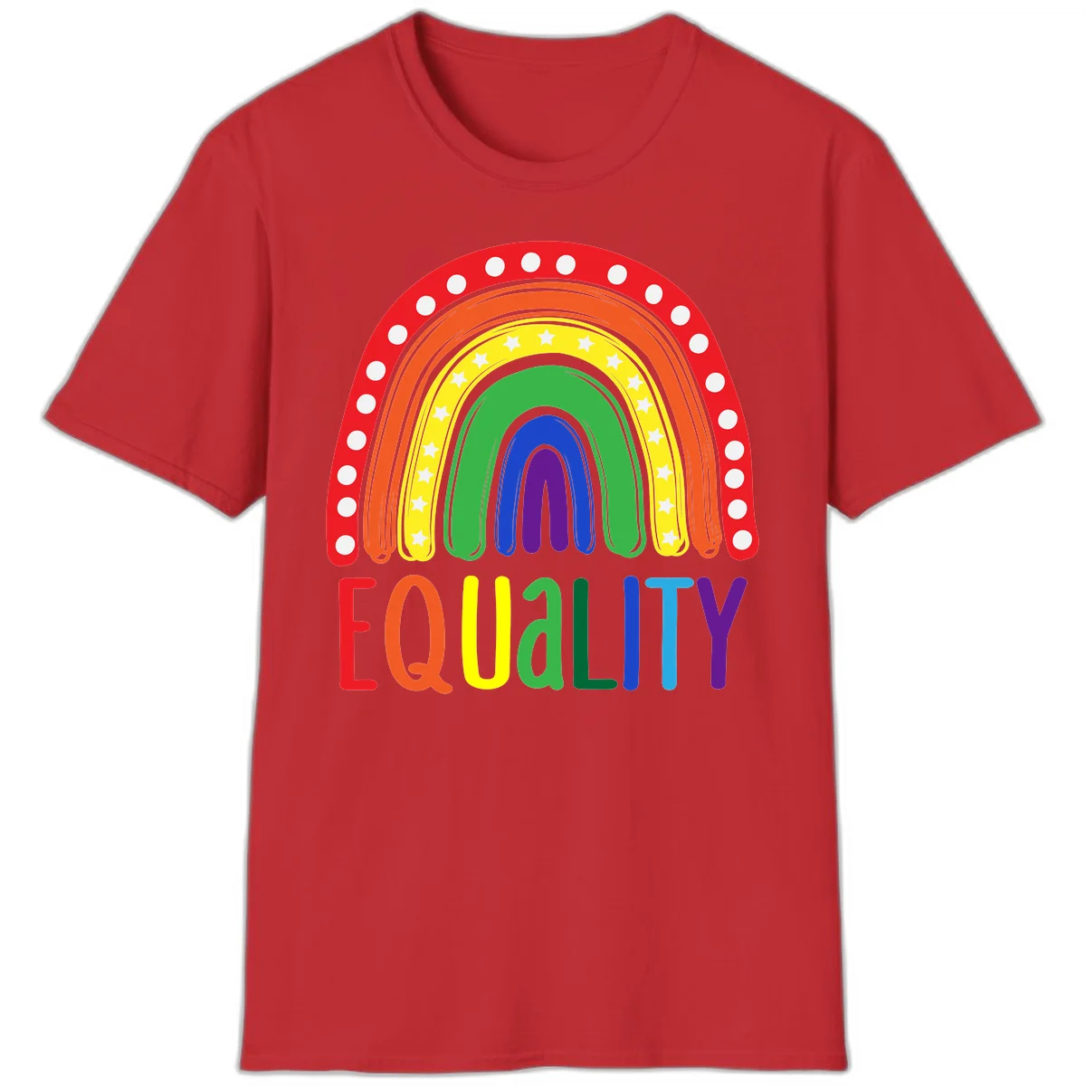 Concentric rainbow arcs in pride colors with white polka dots and stars, featuring 'EQUALITY' text in multicolored letters below in Red