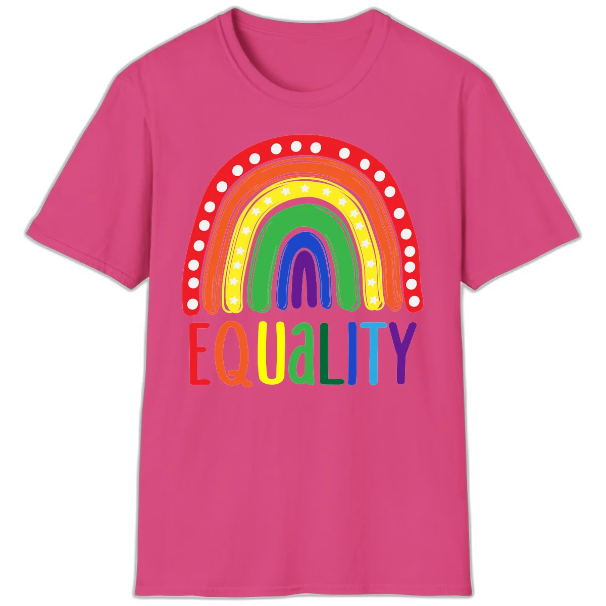 Concentric rainbow arcs in pride colors with white polka dots and stars, featuring 'EQUALITY' text in multicolored letters below in Heliconia