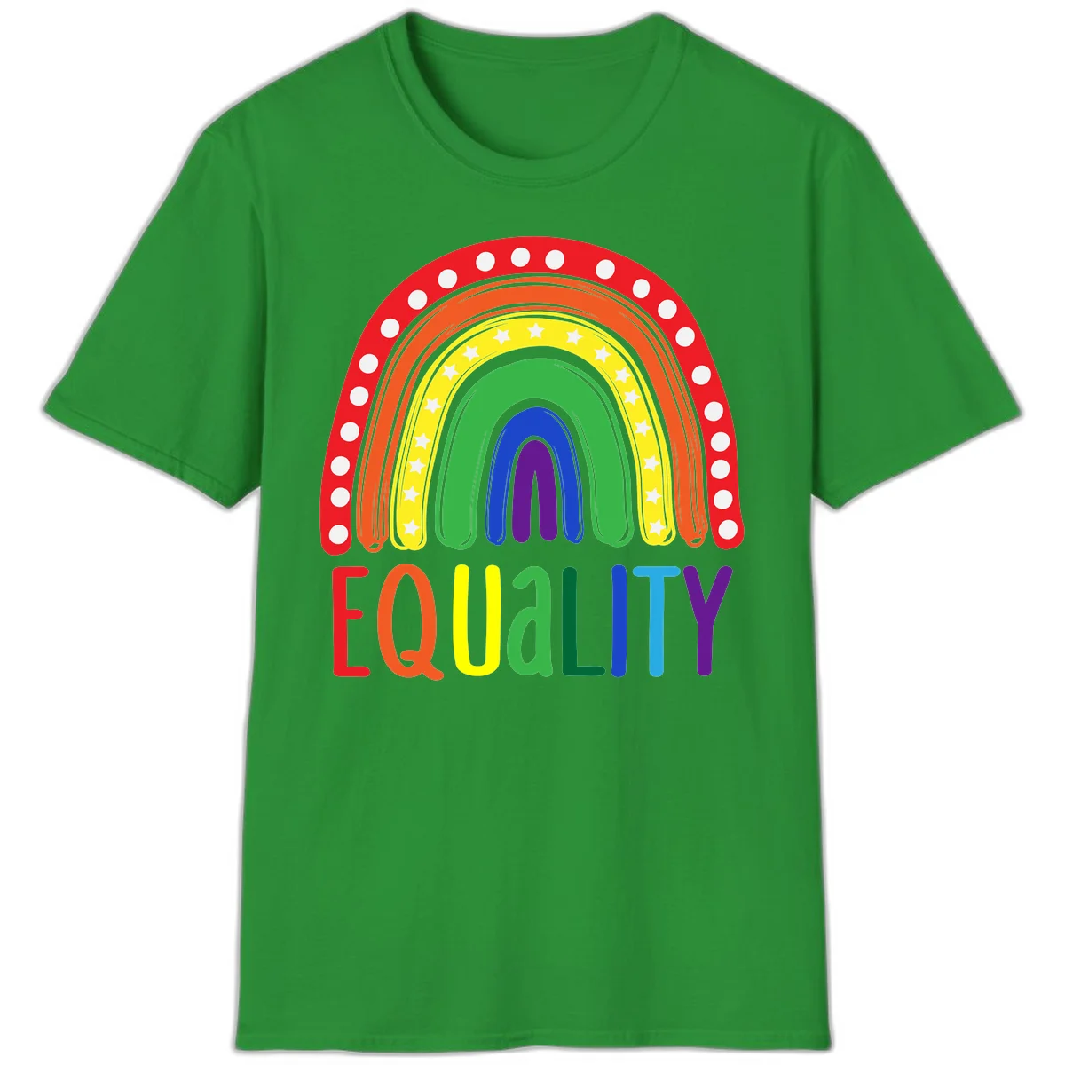 Concentric rainbow arcs in pride colors with white polka dots and stars, featuring 'EQUALITY' text in multicolored letters below in Irish Green