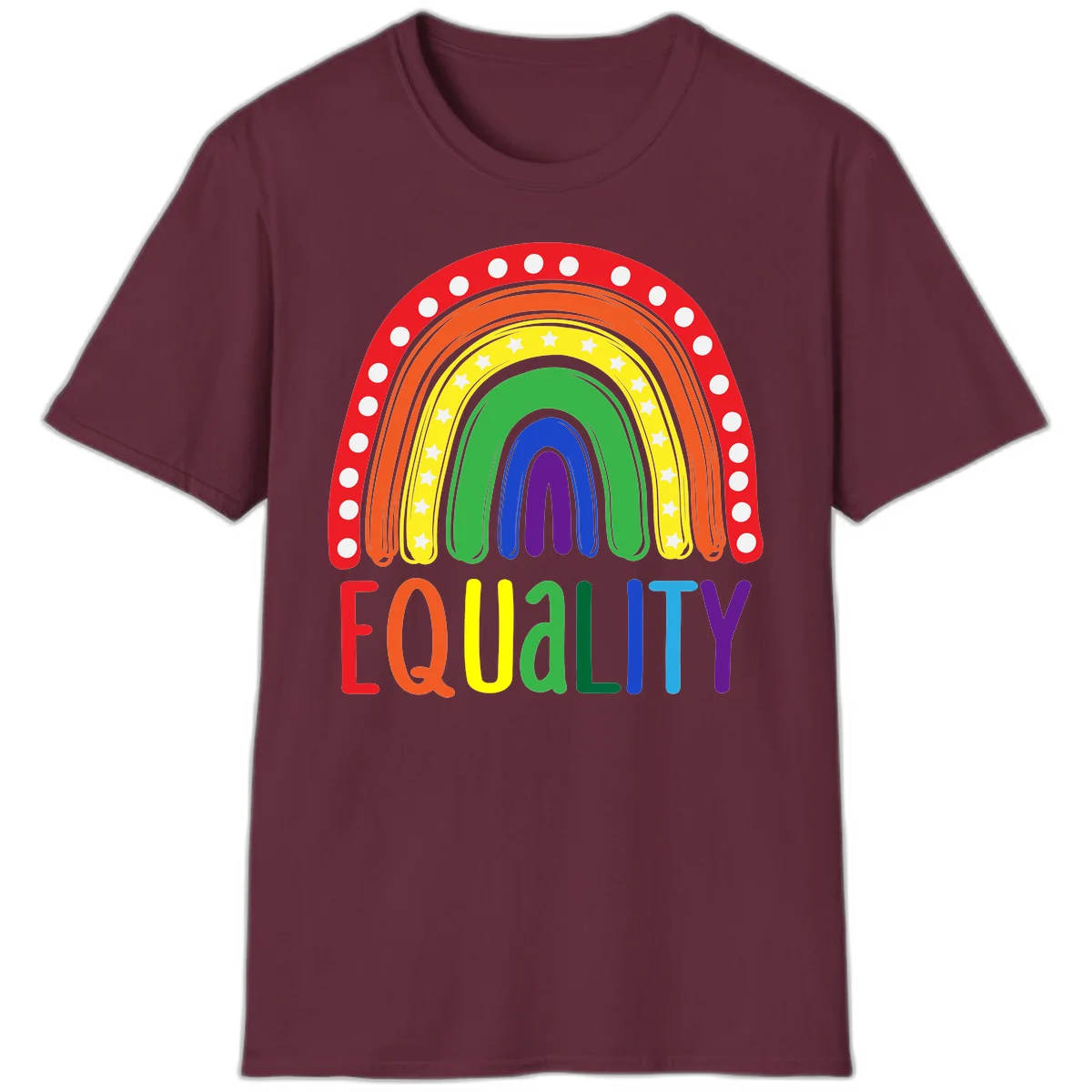 Concentric rainbow arcs in pride colors with white polka dots and stars, featuring 'EQUALITY' text in multicolored letters below in Maroon