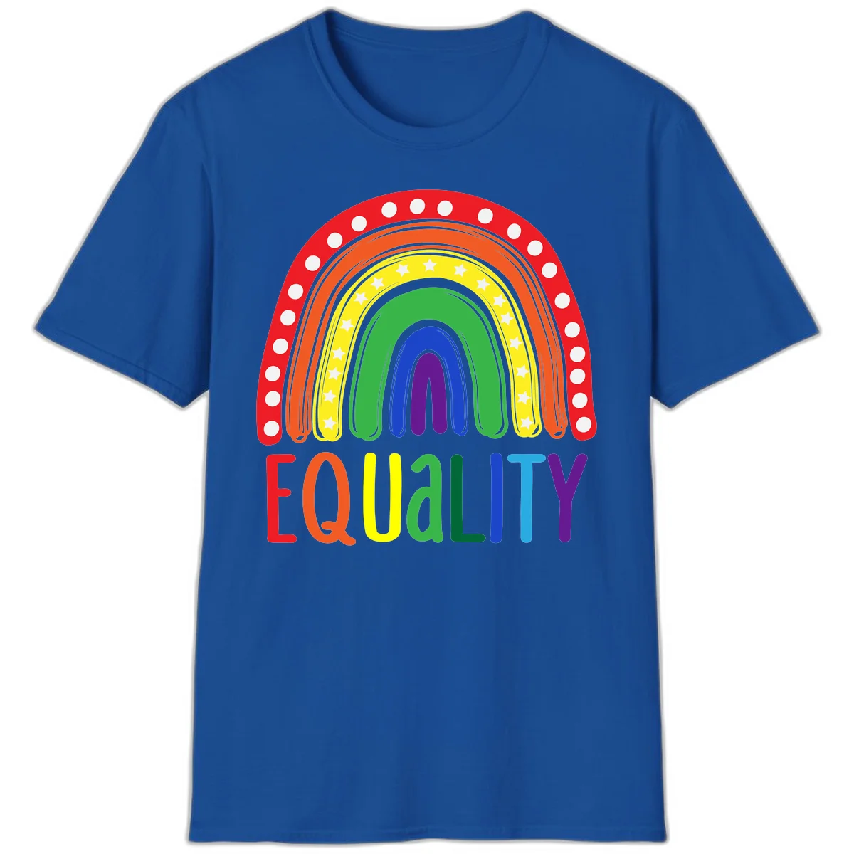 Concentric rainbow arcs in pride colors with white polka dots and stars, featuring 'EQUALITY' text in multicolored letters below in Royal