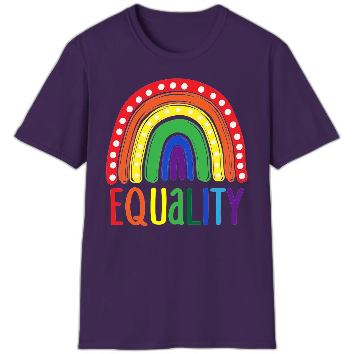 Concentric rainbow arcs in pride colors with white polka dots and stars, featuring 'EQUALITY' text in multicolored letters below in Purple