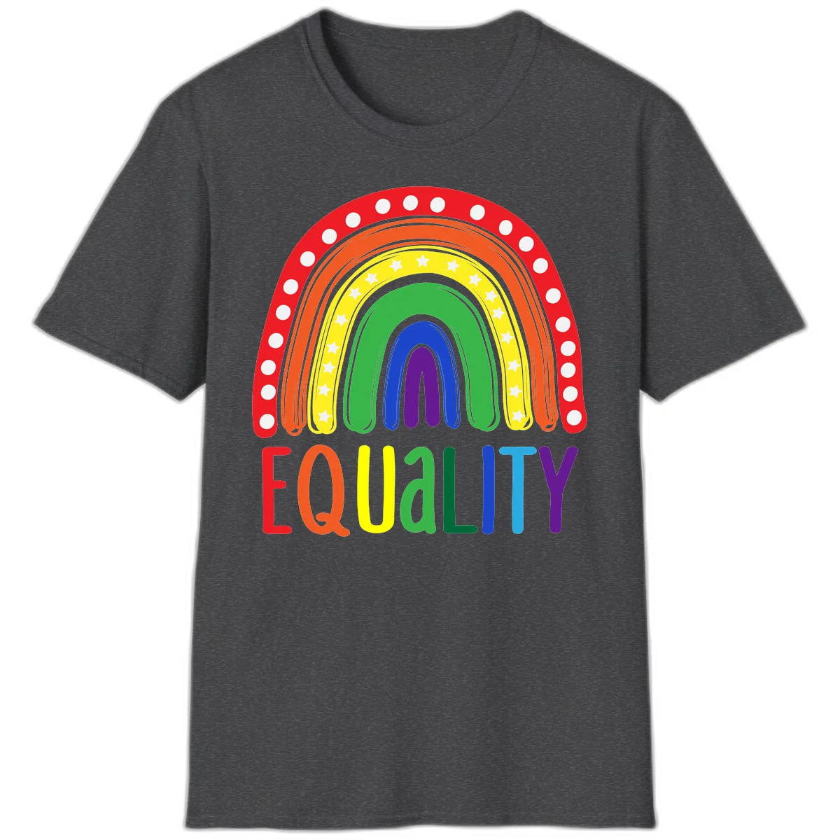 Concentric rainbow arcs in pride colors with white polka dots and stars, featuring 'EQUALITY' text in multicolored letters below in Dark Heather