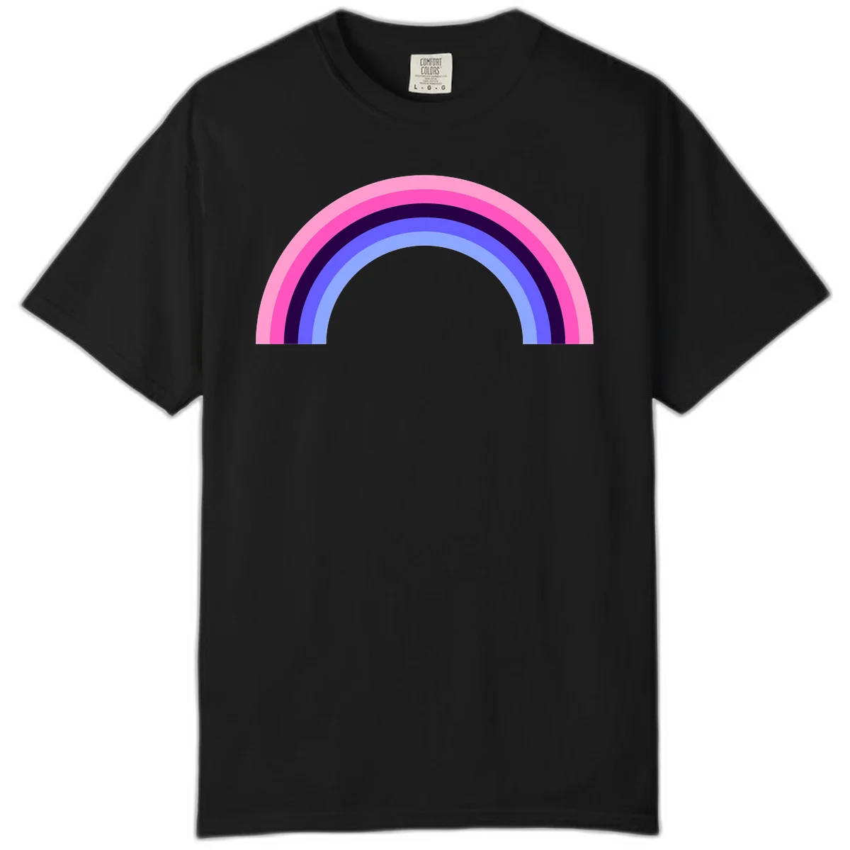 Pastel rainbow arc with five concentric colored stripes in pink, navy, blue and light blue on gray background in Black