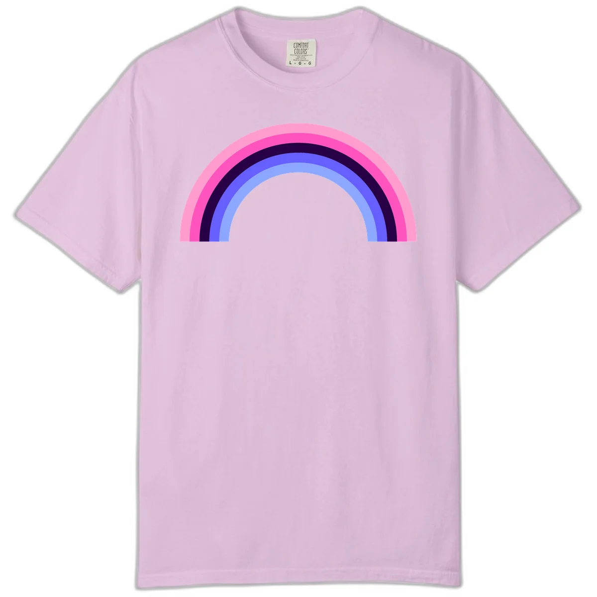 Pastel rainbow arc with five concentric colored stripes in pink, navy, blue and light blue on gray background in Orchid