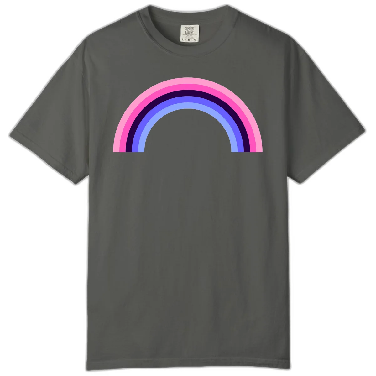 Pastel rainbow arc with five concentric colored stripes in pink, navy, blue and light blue on gray background in Pepper