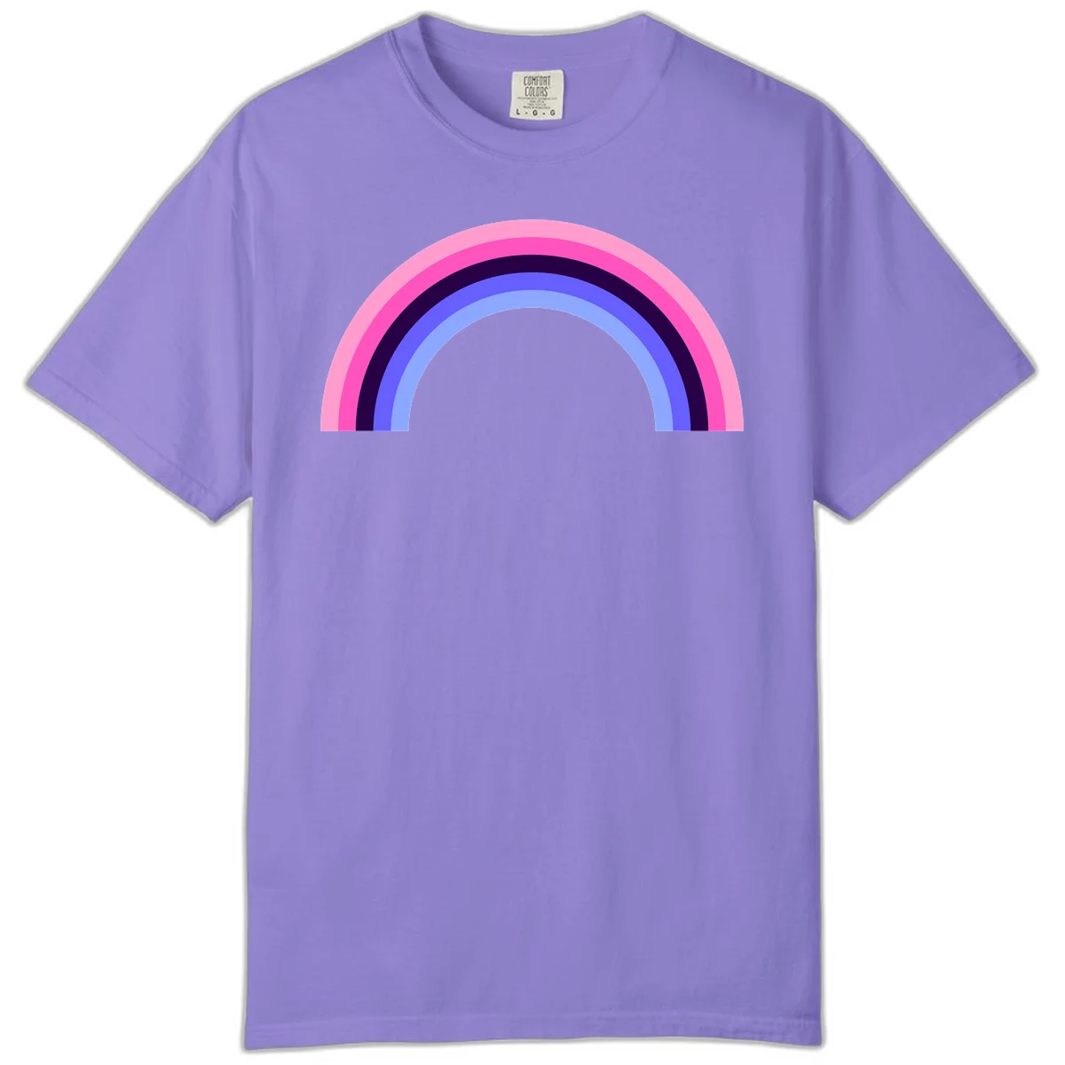 Pastel rainbow arc with five concentric colored stripes in pink, navy, blue and light blue on gray background in Violet