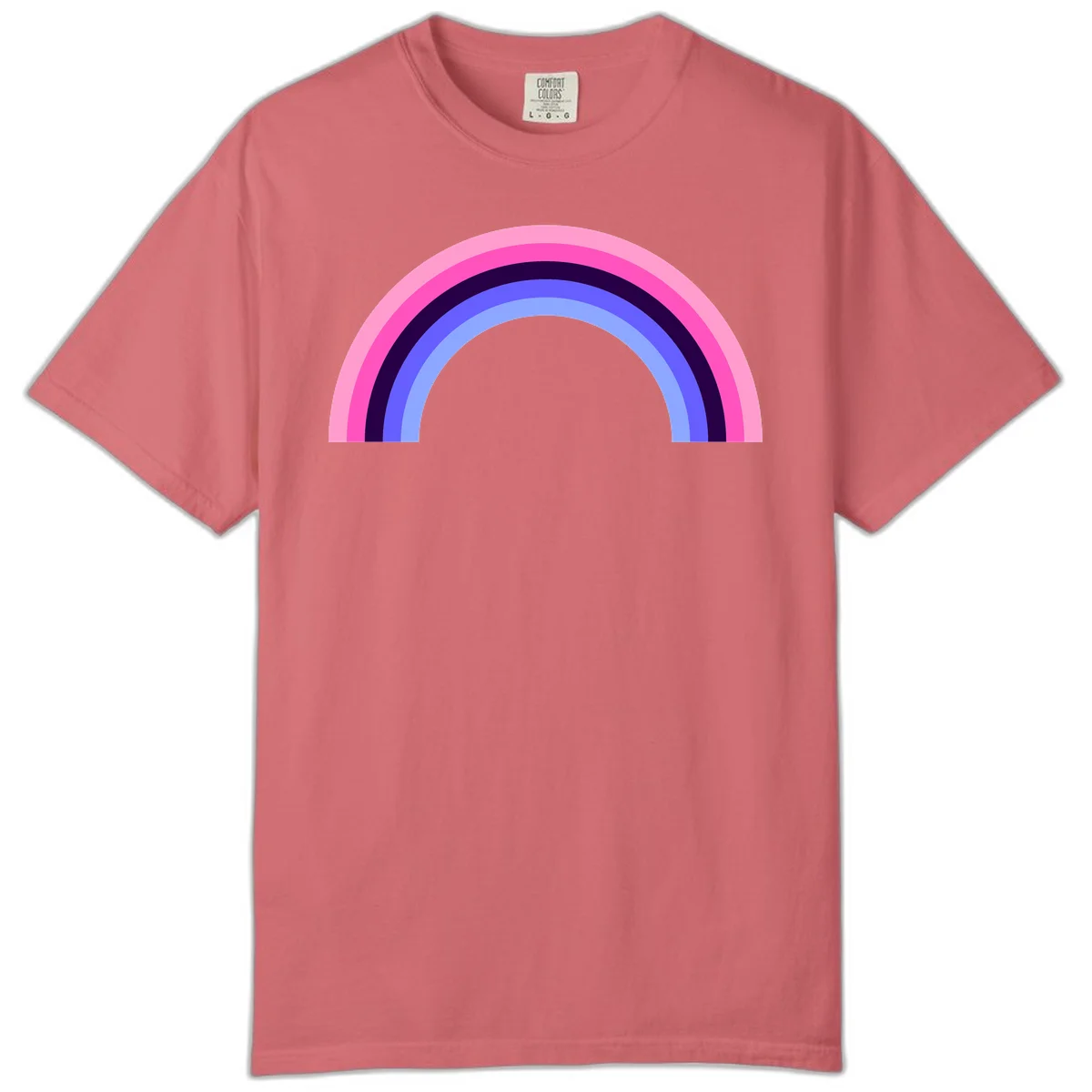 Pastel rainbow arc with five concentric colored stripes in pink, navy, blue and light blue on gray background in Watermelon