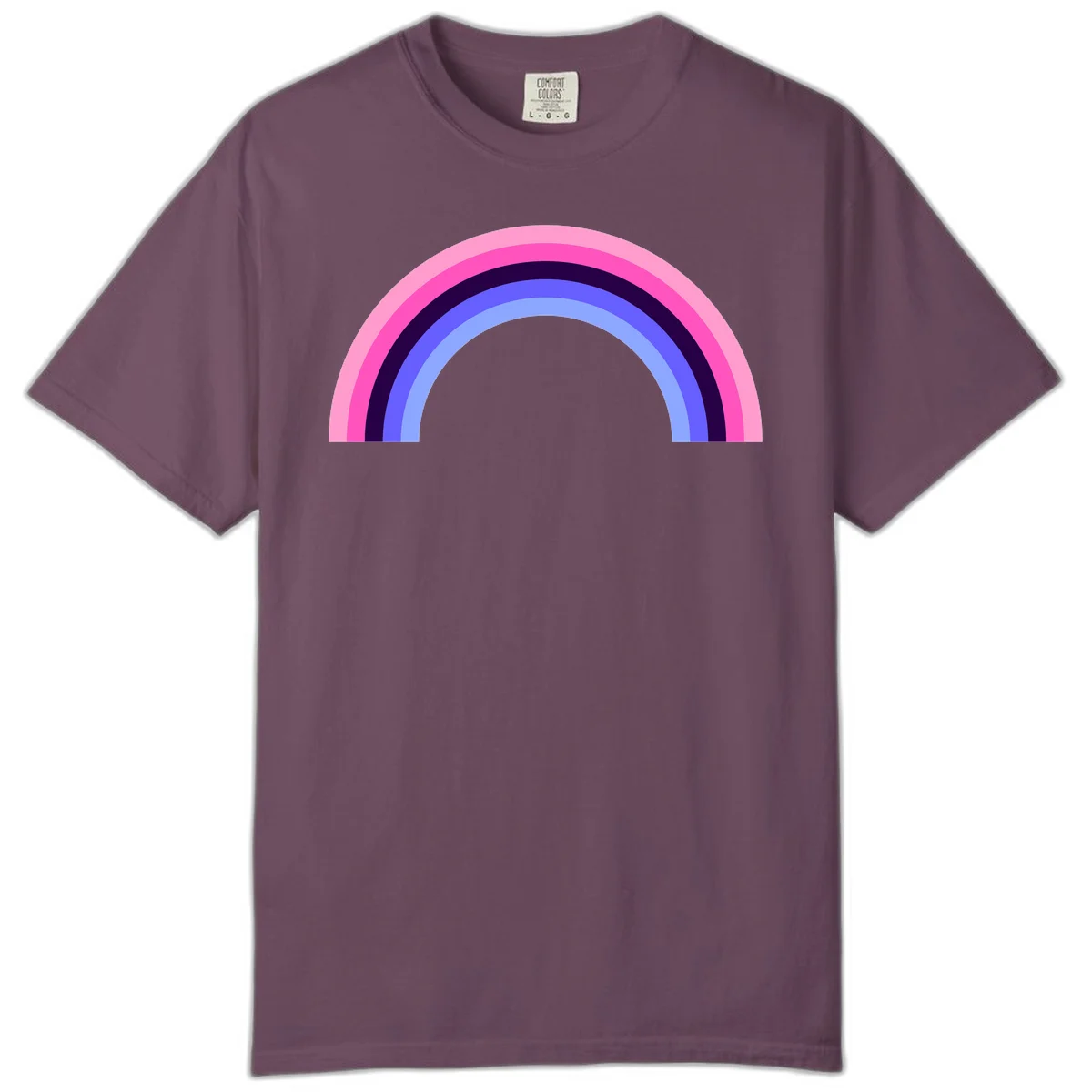Pastel rainbow arc with five concentric colored stripes in pink, navy, blue and light blue on gray background in Berry